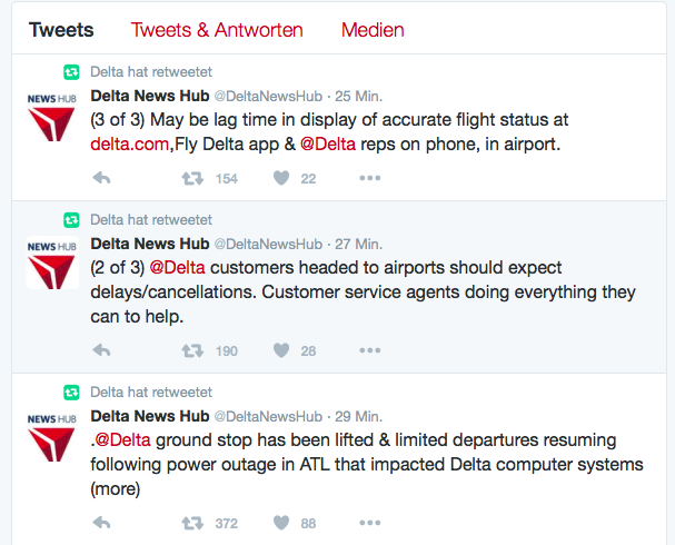 über Twitter informiert Delta seine Passagiere über den Stand der Verspätungen