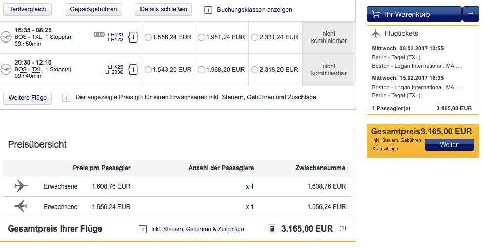 Business Class nach Boston