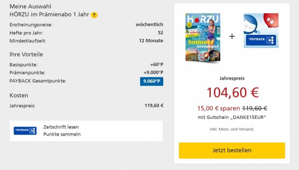 Zeitschrift mit 9060 Payback Punkten - das "Hörzu" Abo für 104,60 Euro