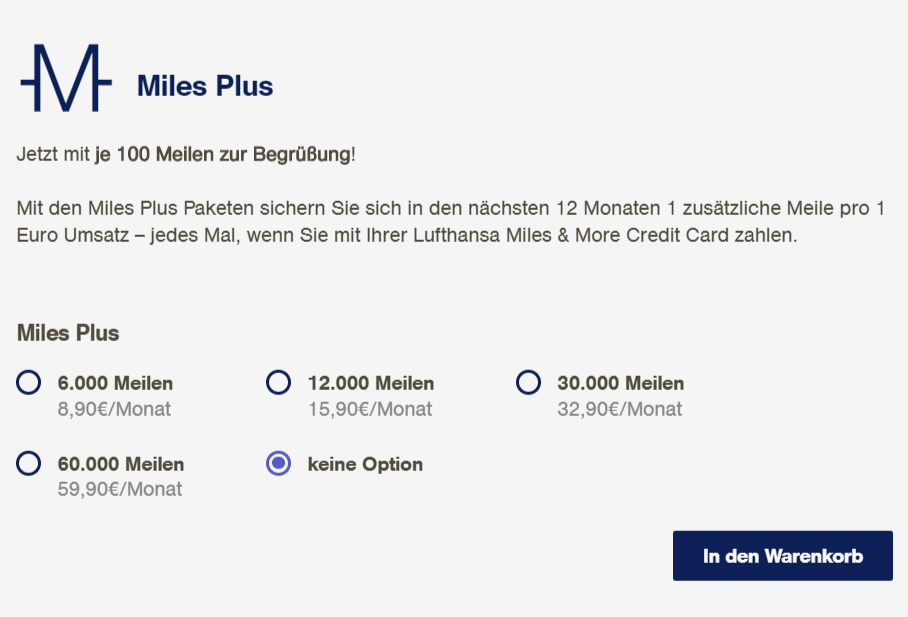 Miles Plus Pakete - 4 Pakete zwischen 8,90€/Monat und 59,90€/Monat stehen zur Auswahl