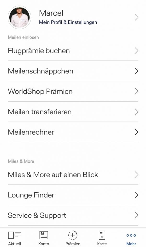Schritt 1: Über den Milesage Service oder die Miles and More-App kommst du zur "Meilen transferieren"-Funktion