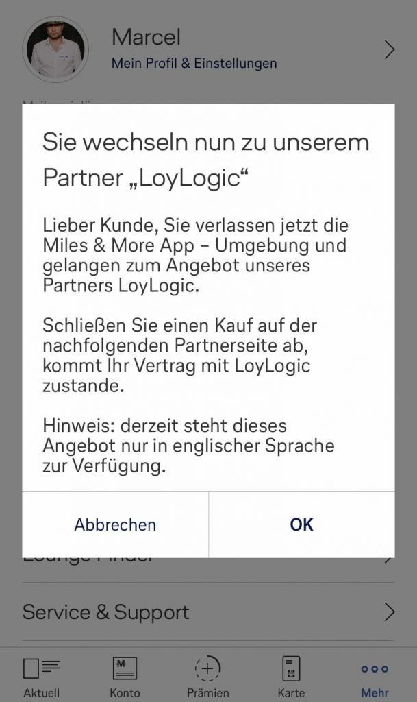 Schritt 2:  Über die Miles and More-App wirst du automatisch weitergeleitet.