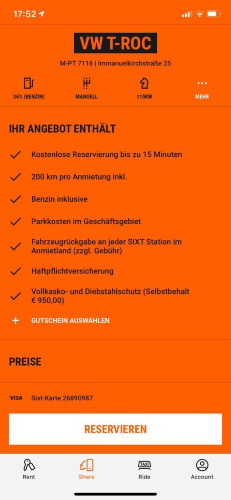 Sixt Gutscheine einlösen - in der App Gutschein auswählen anklicken