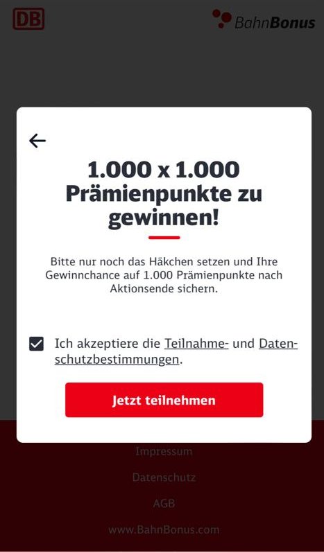 BahnBonus Gewinnspiel 1.000 x 1.000 Pubkte - Teilnahme- und Datenschutzbestimmungen