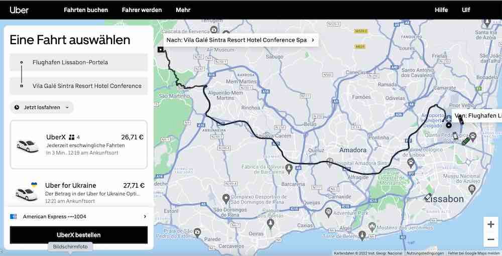 UBER vom Flughafen Lissabon zum Vila Galé Sintra