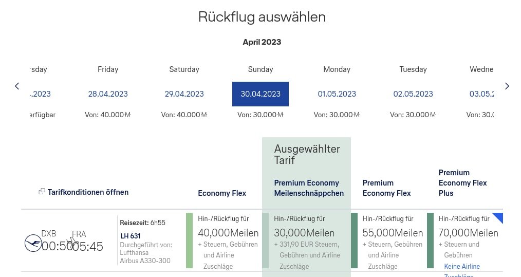 Buchung mit Lufthansa Meilenschnäppchen - Rückflug