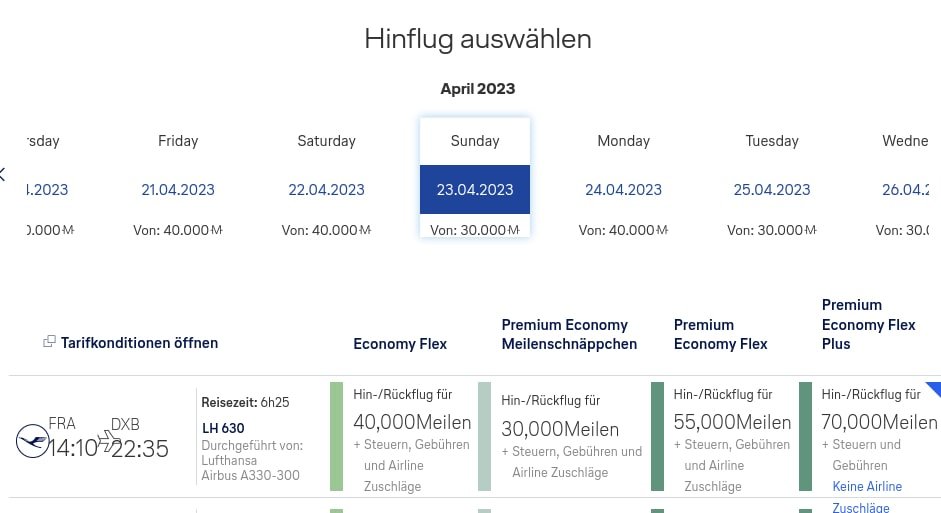 Buchung mit Lufthansa Meilenschnäppchen - Hinflug