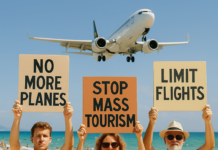 Mallorca Flugbeschränkung: Das kommt auf dich zu Menschen protestieren am Strand von Mallorca gegen Massentourismus, während ein Flugzeug im Hintergrund landet.