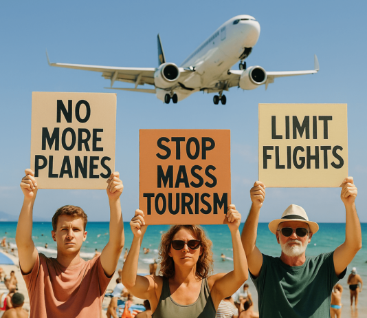 Mallorca Flugbeschränkung: Das kommt auf dich zu Menschen protestieren am Strand von Mallorca gegen Massentourismus, während ein Flugzeug im Hintergrund landet.