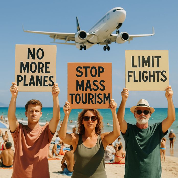 Menschen protestieren am Strand von Mallorca gegen Massentourismus, während ein Flugzeug im Hintergrund landet.