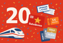 20 Jahre BahnBonus – Jubiläums-Gewinnspiel mit über 20.000 Preisen BahnBonus 20 Jahre: Gewinne Freifahrten, Statuspunkte und mehr im Jubiläumsmonat Juli 2025. Jetzt teilnehmen und punkten!