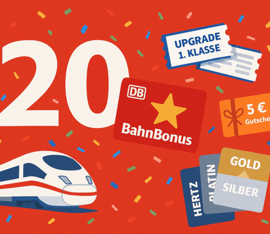 20 Jahre BahnBonus – Jubiläums-Gewinnspiel mit über 20.000 Preisen BahnBonus 20 Jahre: Gewinne Freifahrten, Statuspunkte und mehr im Jubiläumsmonat Juli 2025. Jetzt teilnehmen und punkten!