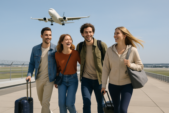 Vier_junge_Menschen_mit_Gepäck_am_ Flughafen Uptrip Empfehlungsaktion: Freunde einladen und Lufthansa-Gutscheine oder Sennheiser-Kopfhörer gewinnen. Jetzt in der App teilnehmen!