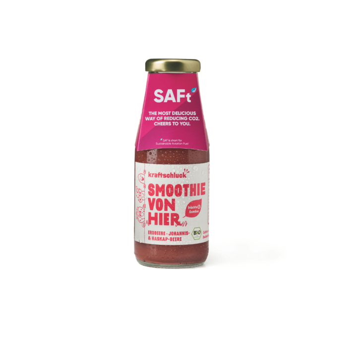 Eurowings verkauft den neuen SAF Smoothie für 19,50 Euro. Mit dem Kauf sollen CO₂-Emissionen reduziert und Klimaprojekte unterstützt werden.
