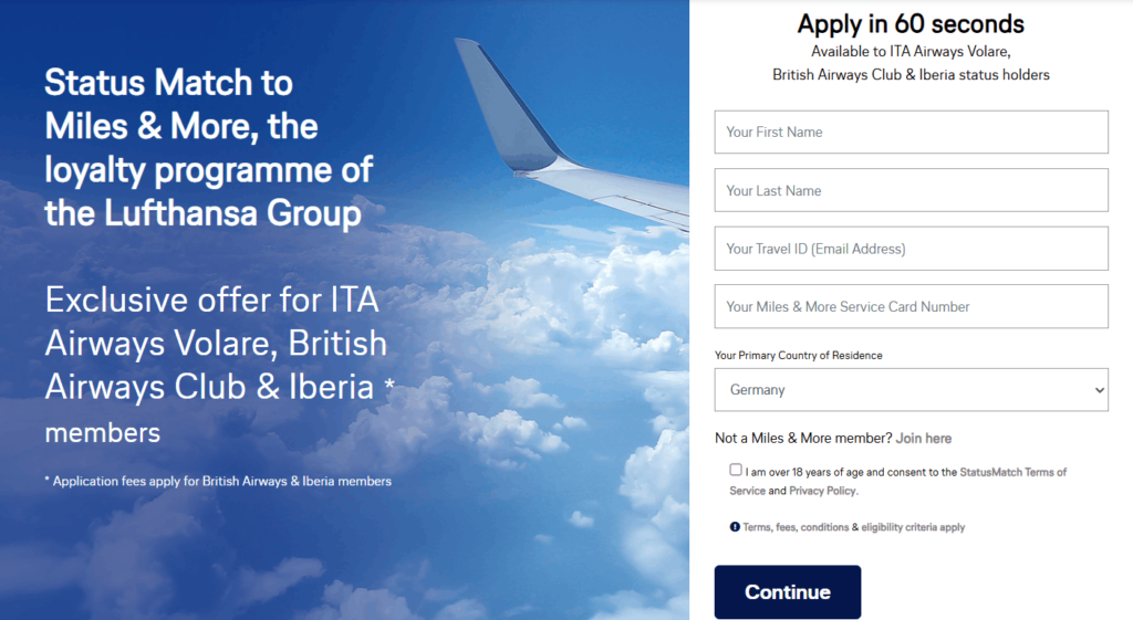 Miles and More Status Match für British und Iberia sowie ITA Volare bis 2027