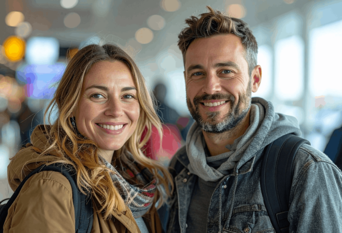 Glückliches_Paar_am_Flughafen 50 Euro Rabatt pro Person für gemeinsame Reisen nach Nordamerika.