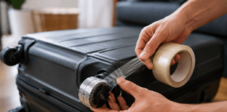 Warum Reisende ihre Kofferrollen abkleben Warum Reisende ihre Kofferrollen vor dem Urlaub mit Klebeband abkleben.