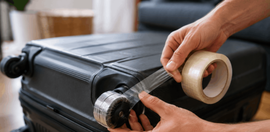 Warum Reisende ihre Kofferrollen abkleben Warum Reisende ihre Kofferrollen vor dem Urlaub mit Klebeband abkleben.
