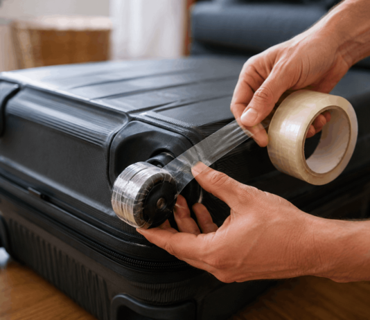 Warum Reisende ihre Kofferrollen abkleben Warum Reisende ihre Kofferrollen vor dem Urlaub mit Klebeband abkleben.