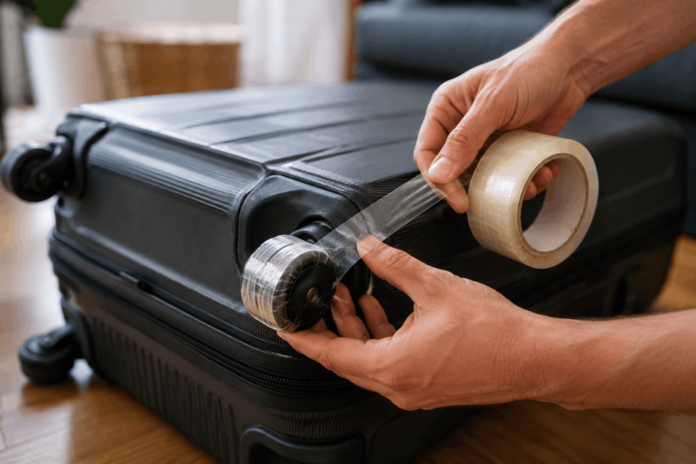 Kofferrollen_abkleben Warum Reisende ihre Kofferrollen vor dem Urlaub mit Klebeband abkleben.
