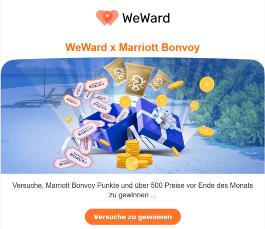 WeWard Gewinnspiel mit bis zu 70K Marriott Bonvoy Punkten Beim WeWard Gewinnspiel warten 500 Preise, darunter bis zu 70.000 Marriott Bonvoy Punkte. Bildquelle: WeWard