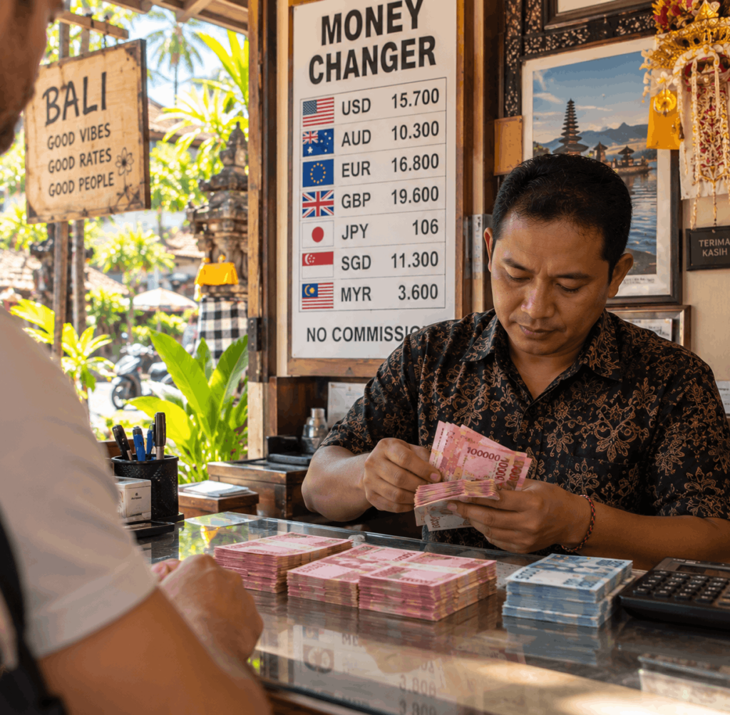 Illustration: Ein Geldwechsler zählt indonesische Rupien in einer Wechselstube auf Bali.