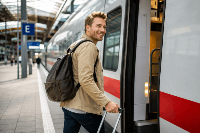mann-mit-koffer-vor-zug Die BahnCard 25 gibt es im September zum halben Preis.